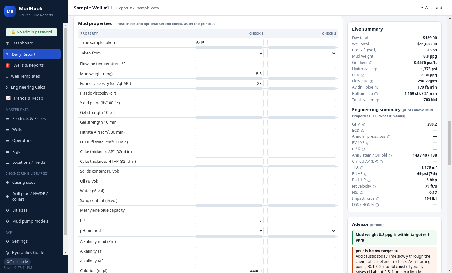 Mud properties table with two checks side by side and the offline advisor